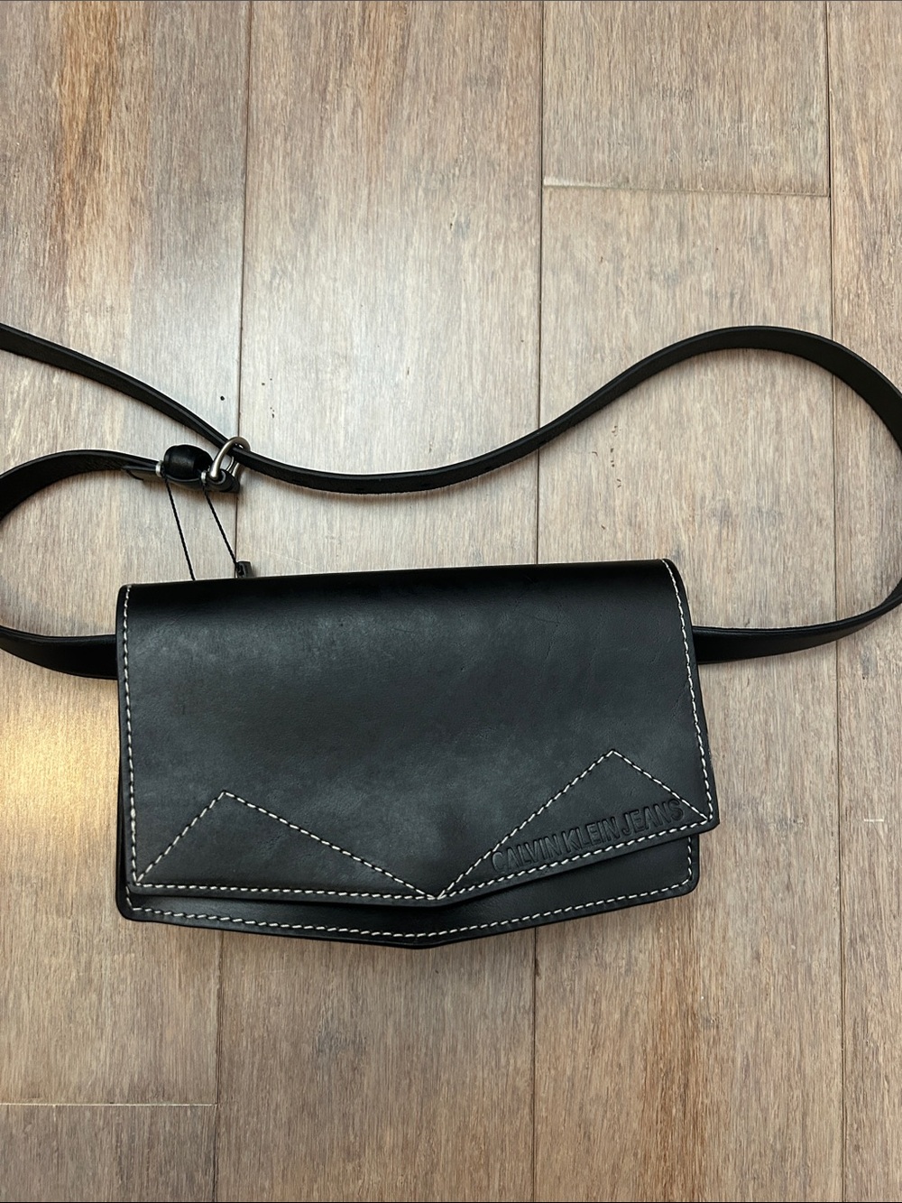 Calvin Klein Jeans Black Leather belt bag with Contrast Stitching